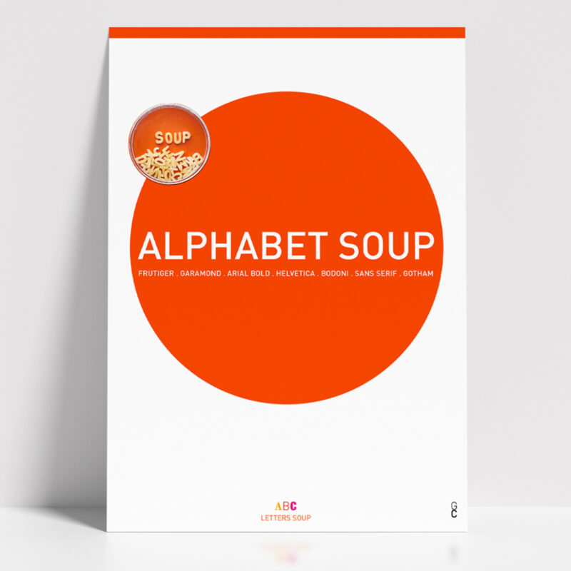 Póster Alphabet Soup minimalista con círculo naranja y tipografía sobre fondo blanco.
