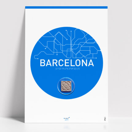 Póster Barcelona minimalista con diseño circular en color azul sobre fondo blanco