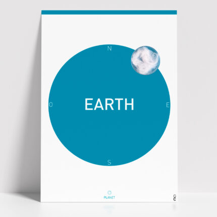 Póster Earth minimalista inspirado en el planeta Tierra, con círculo azul turquesa y cápsula que representa las nubes de la Tierra vistas desde el espacio
