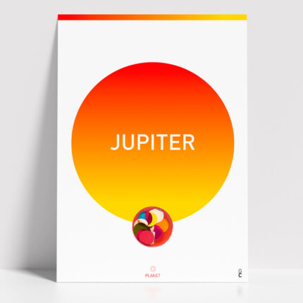 Póster Jupiter minimalista inspirado en el planeta Júpiter, con círculo degradado en tonos rojo y amarillo y cápsula con aros brillantes de colores