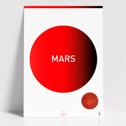 Póster Mars minimalista inspirado en el planeta Marte, con círculo rojo y negro y cápsula que representa polvo rojo marciano