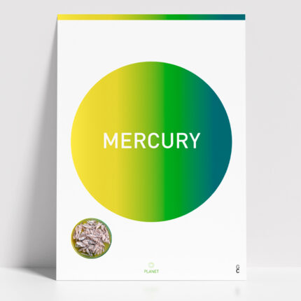 Póster Mercury minimalista inspirado en el planeta Mercurio, con círculo degradado en tonos amarillo y verde azulado y cápsula con texturas plateadas