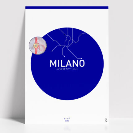 Póster Milán minimalista con diseño circular en color azul sobre fondo blanco