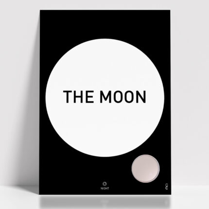 Póster The Moon minimalista inspirado en la Luna, con gran círculo negro y cápsula en forma de espejo