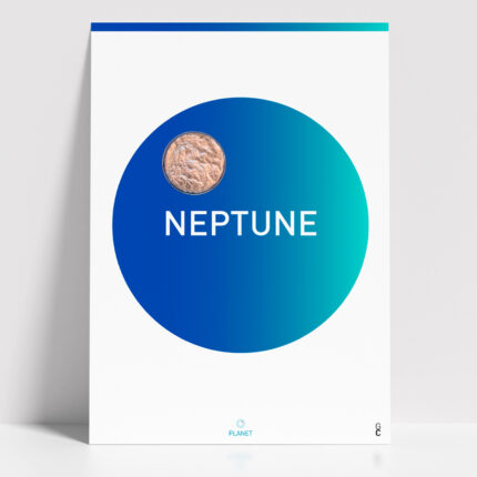 Póster Neptune minimalista inspirado en el planeta Neptuno, con círculo en tonos azules y cápsula con texturas plateadas