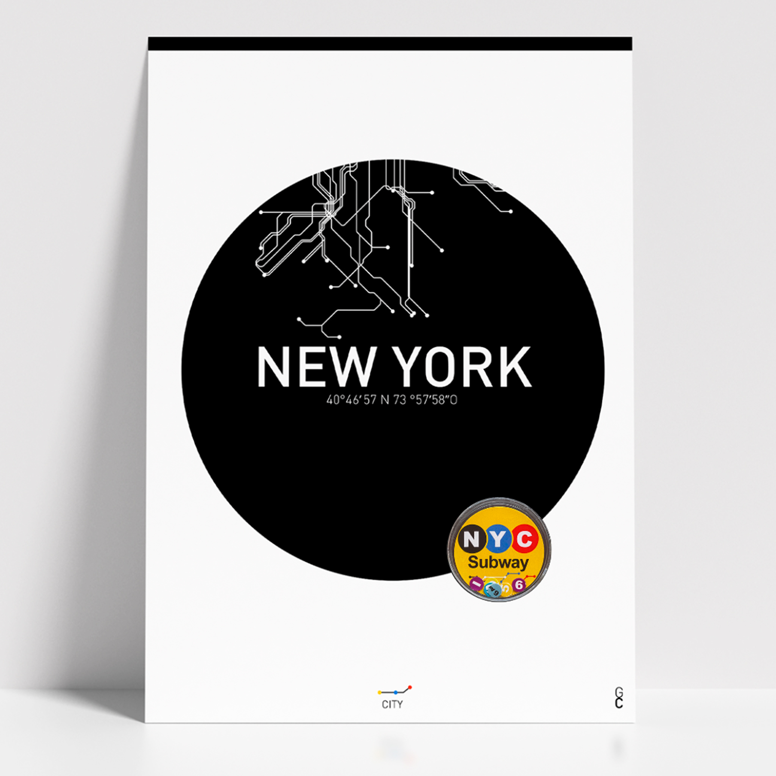 Póster Nueva York minimalista con diseño circular en color negro sobre fondo blanco