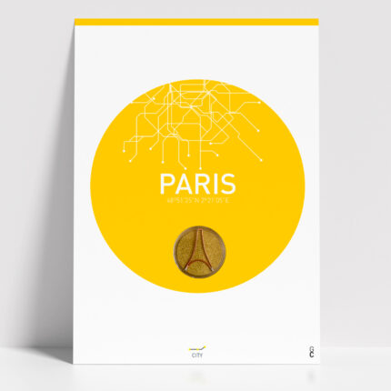 Póster París minimalista con diseño circular en color amarillo sobre fondo blanco