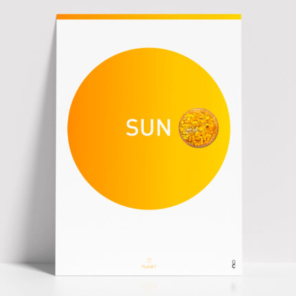Póster Sun minimalista inspirado en el Sol, con gran círculo amarillo dorado y cápsula formada por destellos de oro y brillos