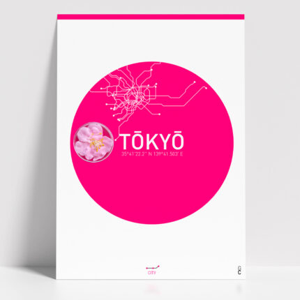 Póster Tokio minimalista con diseño circular en color rosa sobre fondo blanco