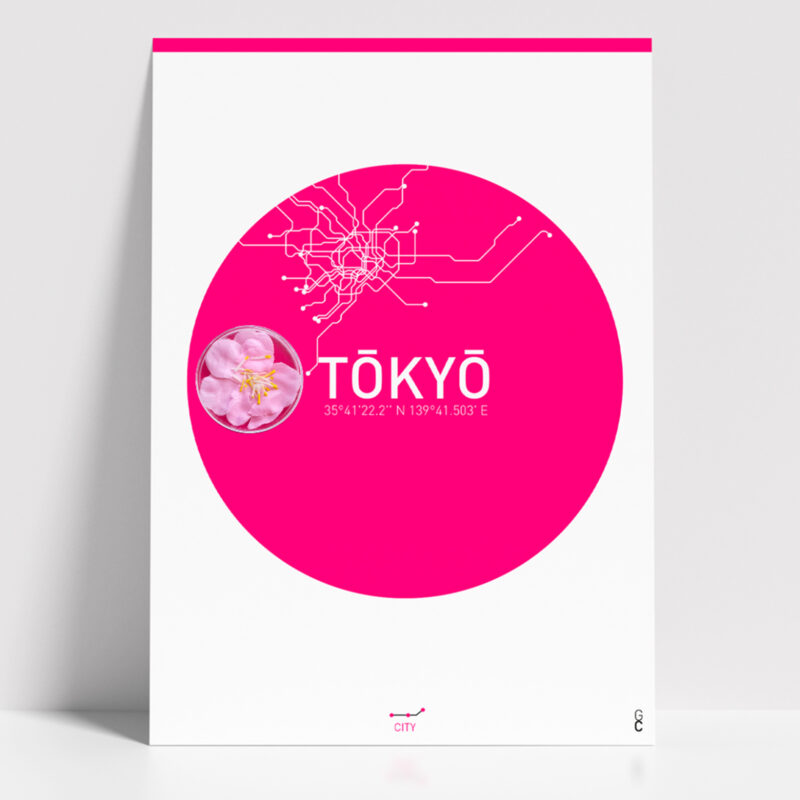 Póster Tokio minimalista con diseño circular en color rosa sobre fondo blanco