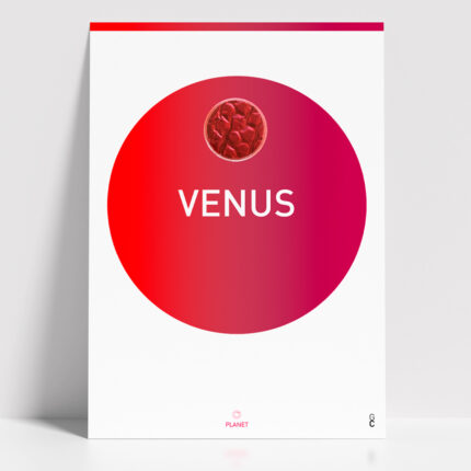 Póster Venus minimalista inspirado en el planeta Venus, con círculo degradado en tonos rojos y rosa y cápsula rojo brillante