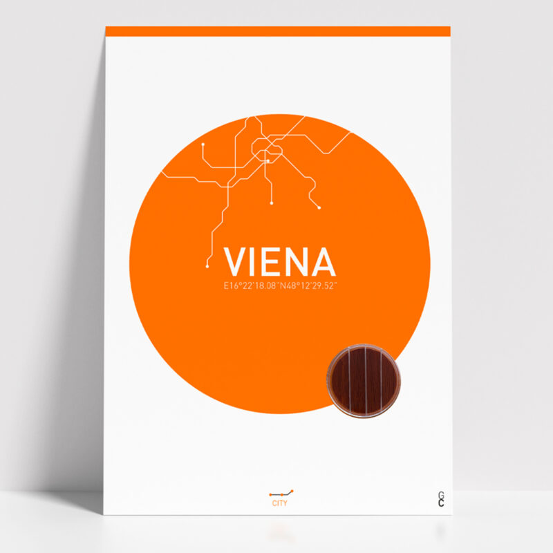 Póster Viena de diseño minimalista con un círculo naranja y representación de la ciudad. Ideal para decoración moderna y amantes del diseño urbano.