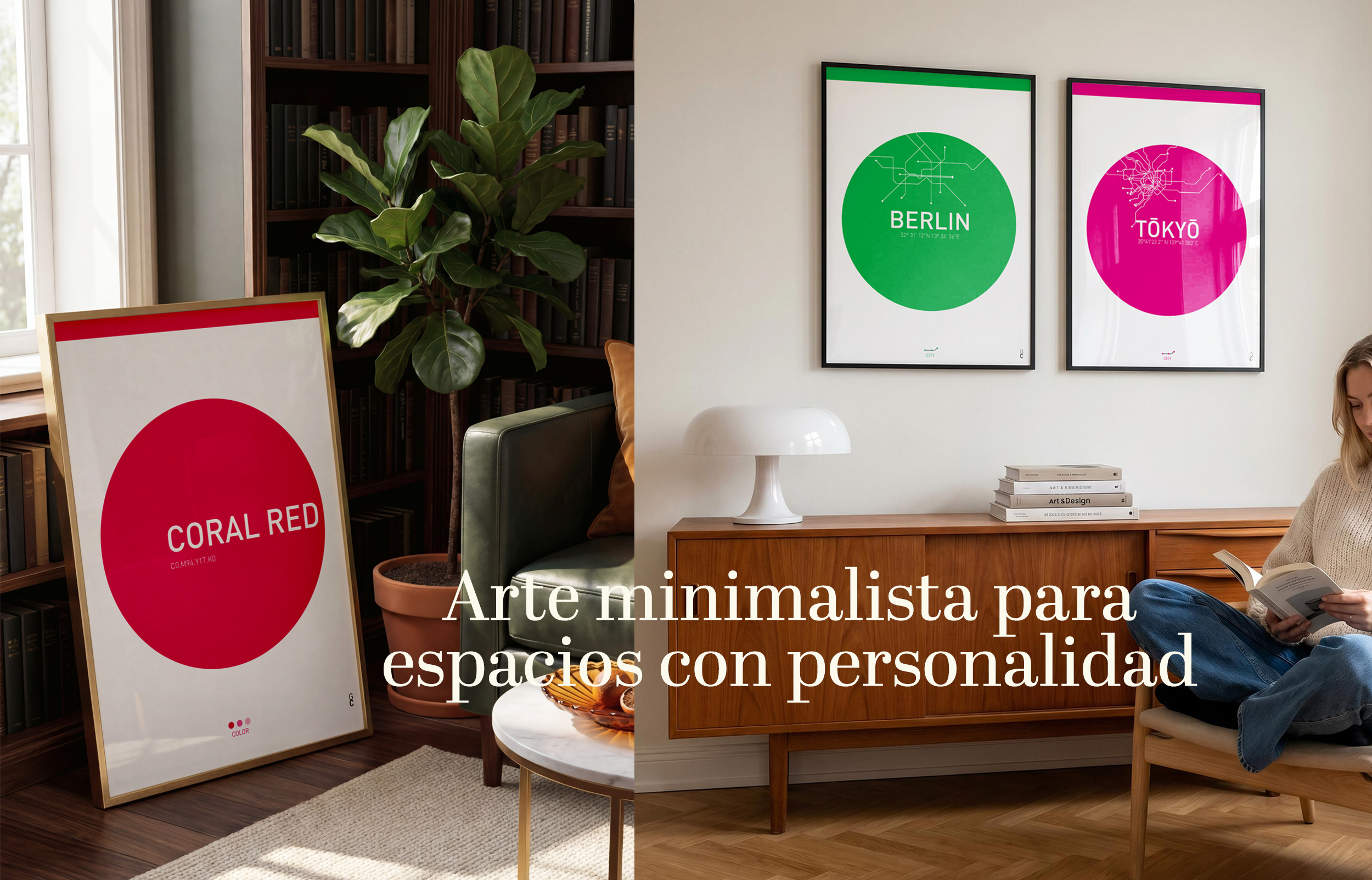 Pósters minimalistas contemporáneos integrados en interiores cálidos y modernos con decoración editorial y mobiliario de madera.