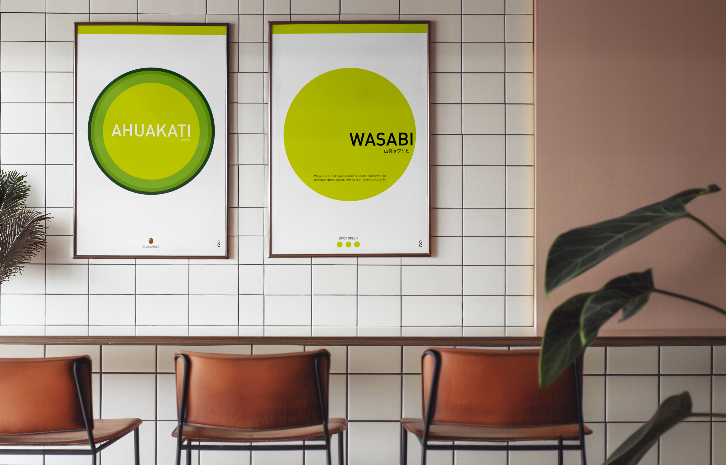 Posters decorativos minimalistas de aguacate y wasabi en una cocina moderna de estilo contemporáneo.