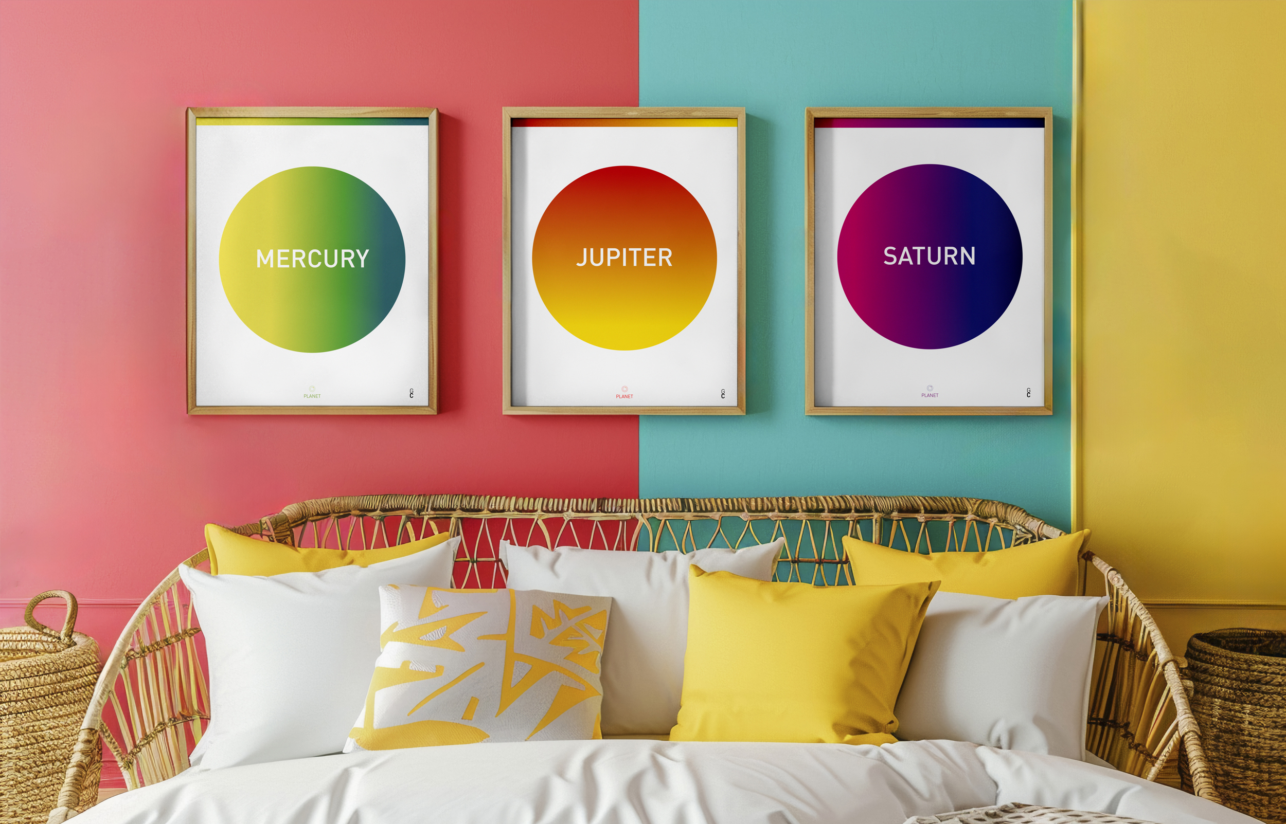 Posters decorativos minimalistas inspirados en planetas y colores vibrantes en un dormitorio moderno y creativo.